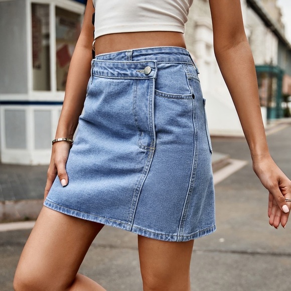 Asymmetrical Denim Mini Skirt - Picture 1 of 6